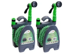 Royal Gardineer Wasser-Schlauch:2er-Set Dehnbare Gartenschläuche Mit Brause Und Wandhalter, 5-15 M