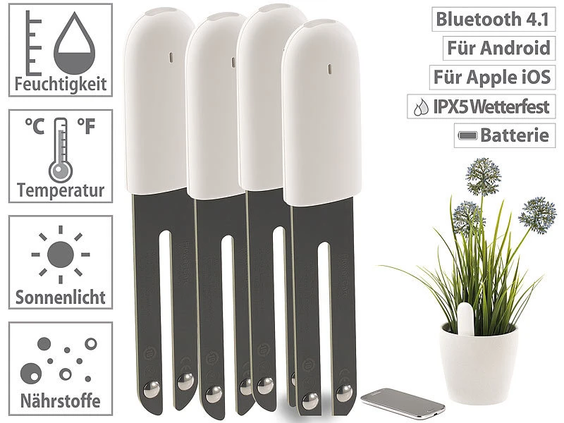 Royal Gardineer Gießanzeiger:4in1-Pflanzensensor SUN-141 Mit Bluetooth Und App-Kontrolle, 4er-Set