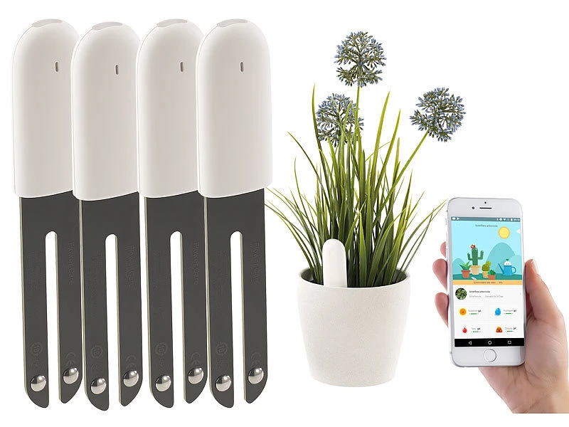 Royal Gardineer Gießanzeiger:4in1-Pflanzensensor SUN-141 Mit Bluetooth Und App-Kontrolle, 4er-Set – Bild 2