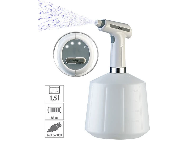 AGT Akku Sprühflasche:2er-Set Akku-Pump-Drucksprüher Mit Einstell-Düse, Je 1,5 Liter – Bild 8