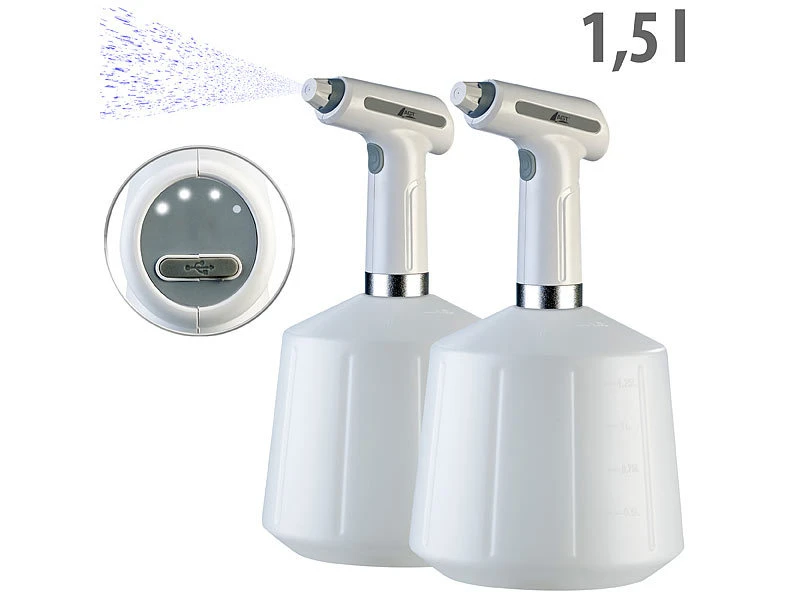 AGT Akku Sprühflasche:2er-Set Akku-Pump-Drucksprüher Mit Einstell-Düse, Je 1,5 Liter – Bild 2