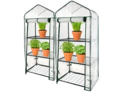 Royal Gardineer Minigewächshaus:2er-Set Folien-Gewächshäuser, 3 Etagen, Aufroll-Tür, 59x126x39cm, Weiß