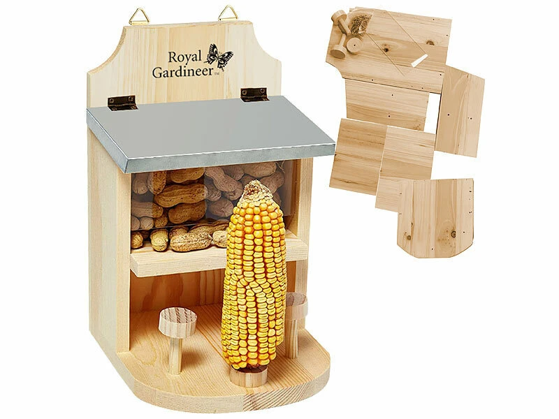 Royal Gardineer Eichhörnchenfutterhäuser:2er-Set Eichhörnchen-Futterhaus, Maiskolbenhalter, Metalldach, Bausatz – Bild 7