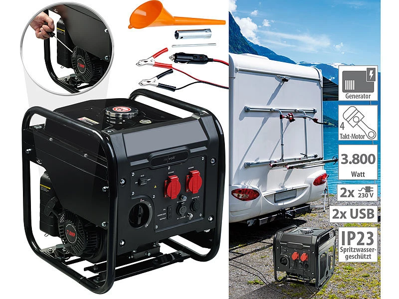 Revolt Inverter Stromerzeuger:Benzin-Inverter-Generator, 3.800 W, 2x 230 V, 1x 12 V, 2x USB, 12 L