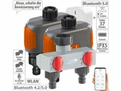 Royal Gardineer WLAN-Bewässerungsanlagen:2er-Set WLAN-Bewässerungscomputer Mit Dual-Ventil, 2-fach-Verteiler